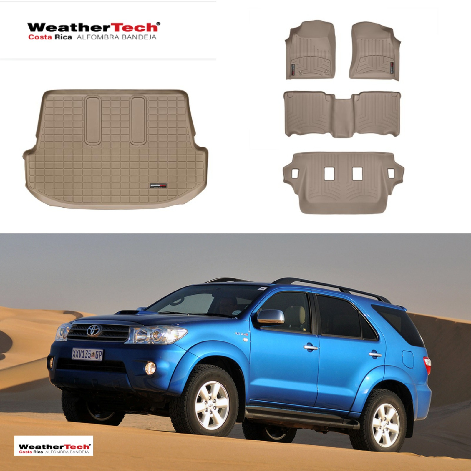 Combo Toyota Fortuner 2007-2015, Alfombras de Bandeja en Beige, 3 filas y cajuela, WeatherTech