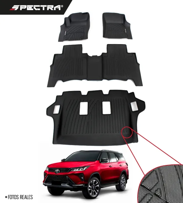 Toyota Fortuner 2016-2025, Alfombras de Bandeja Antideslizantes, 3 Filas, Spectra.